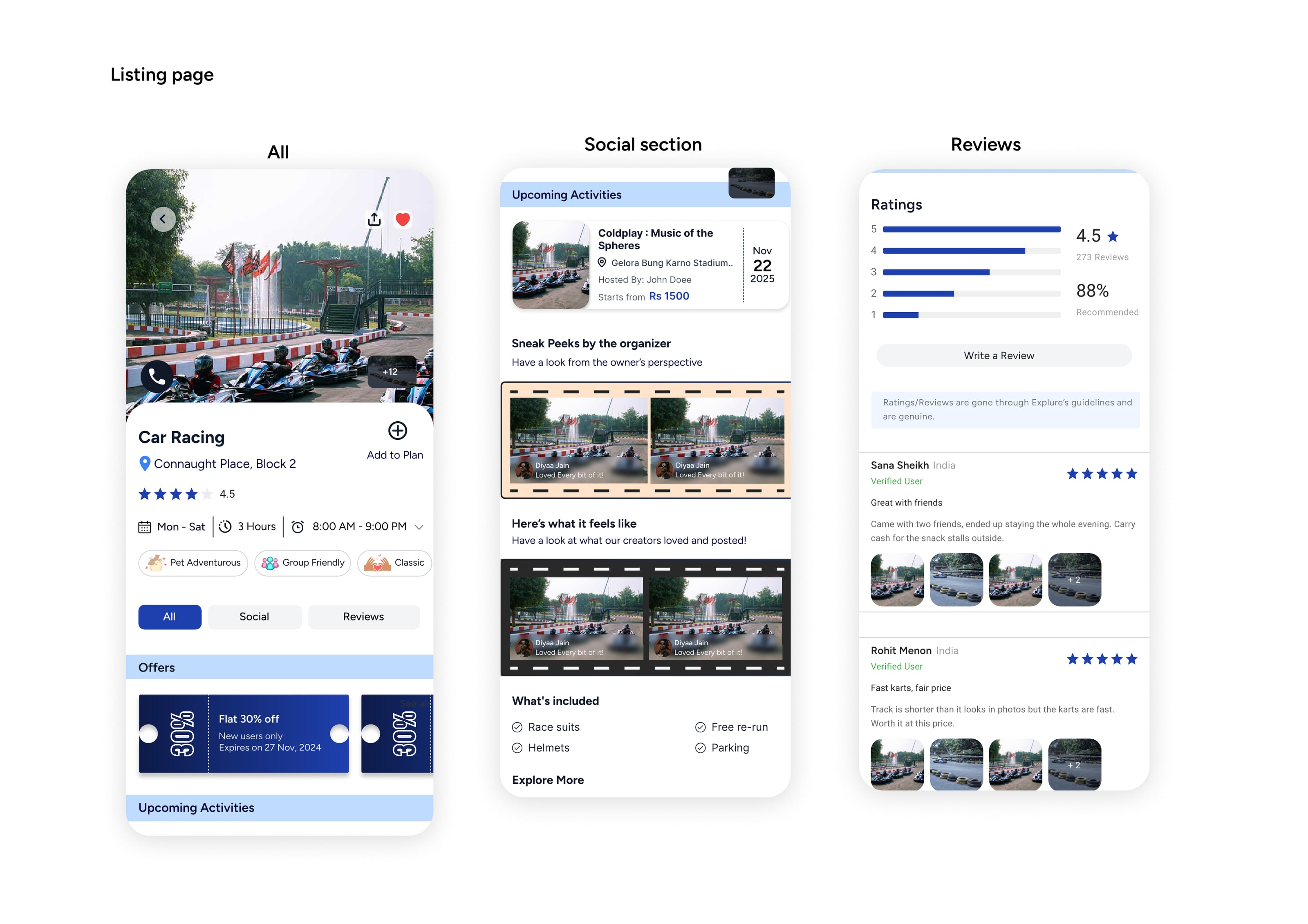 Explure case study — listing page with social proof and reviews