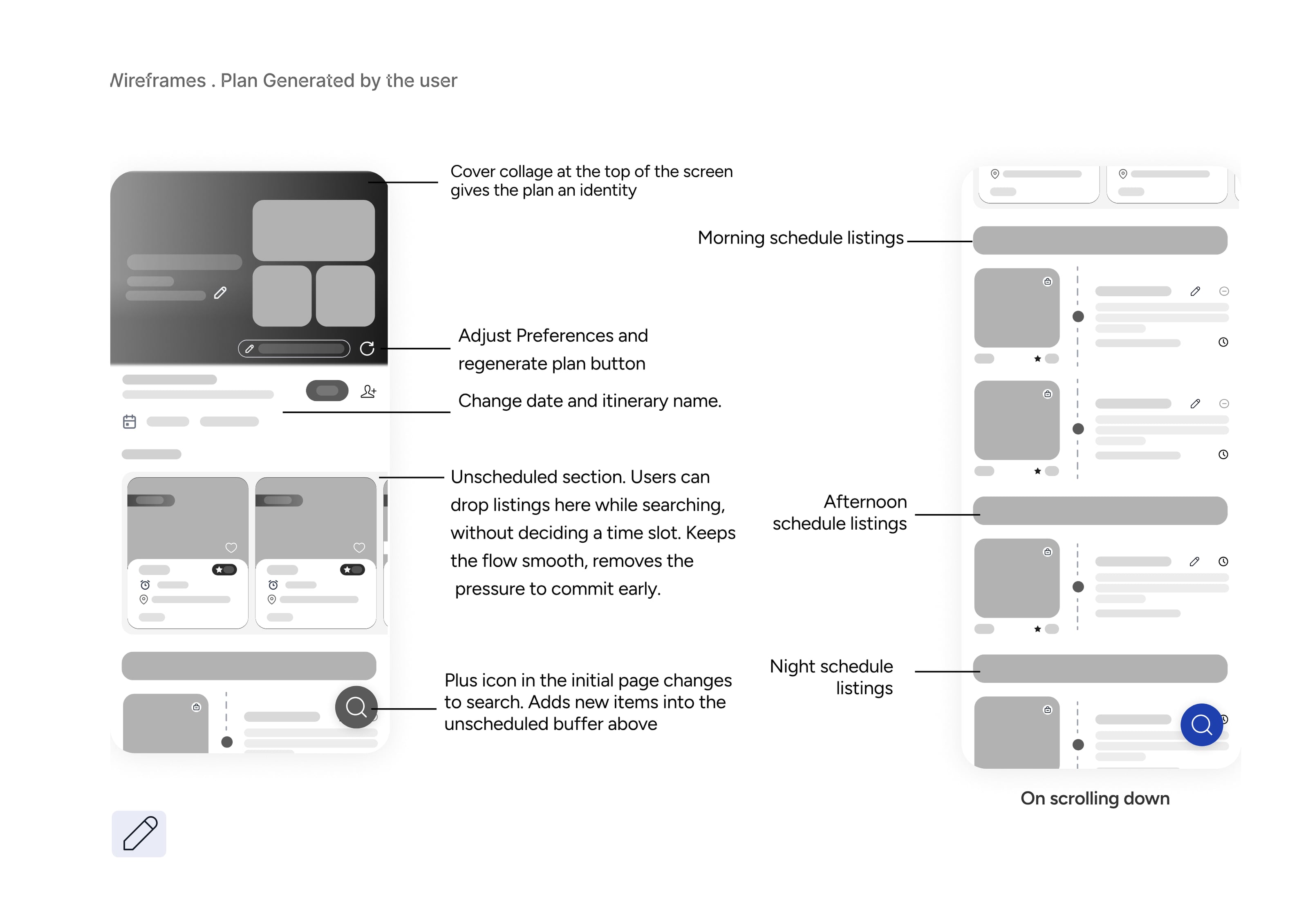 Explure case study — plan screen wireframes